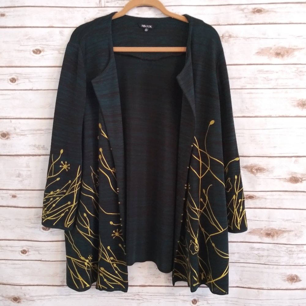 Misook Green Embroidered Open Front Cardigan 0X